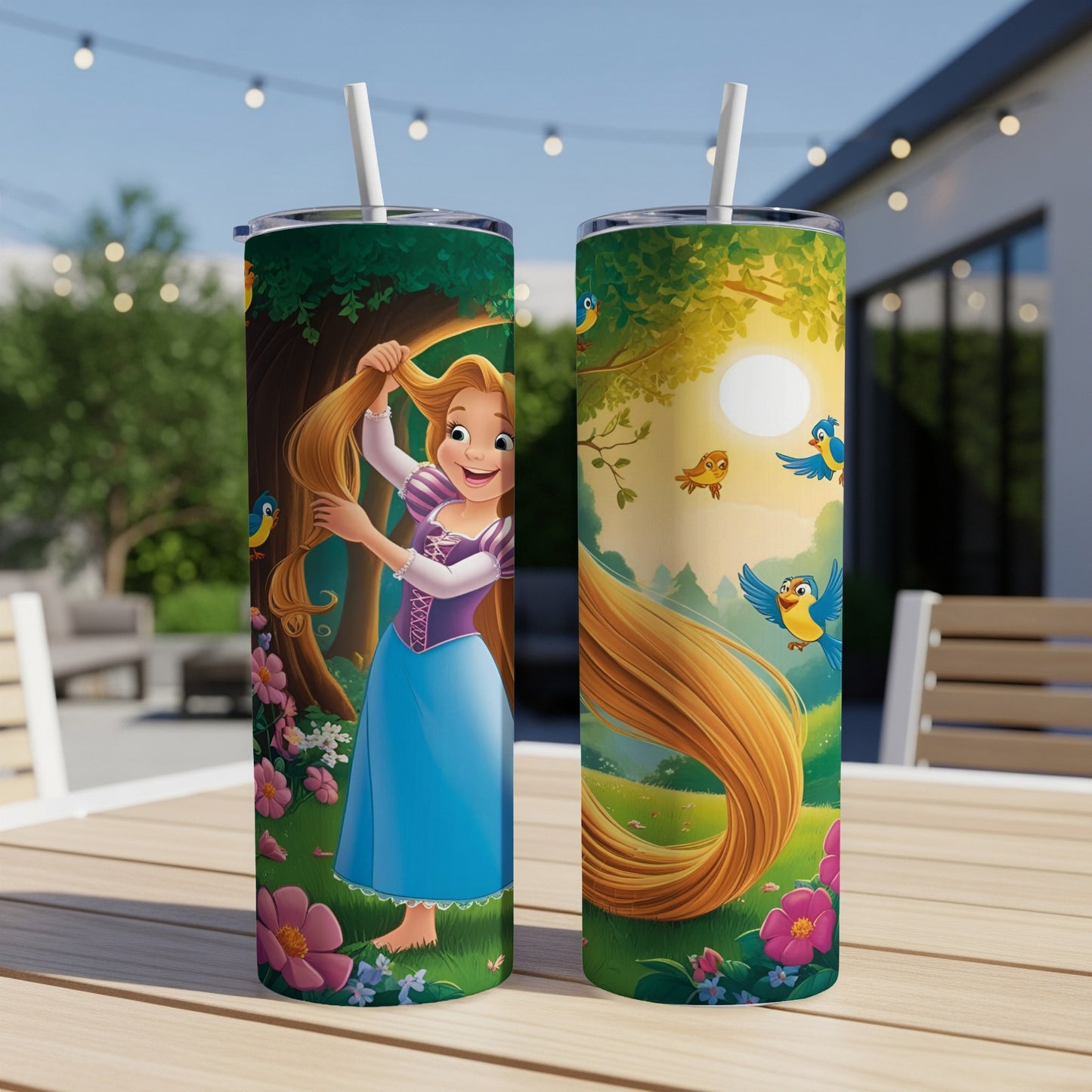 Tangled Rapunzel with long blonde hair and flowers on a tumbler.