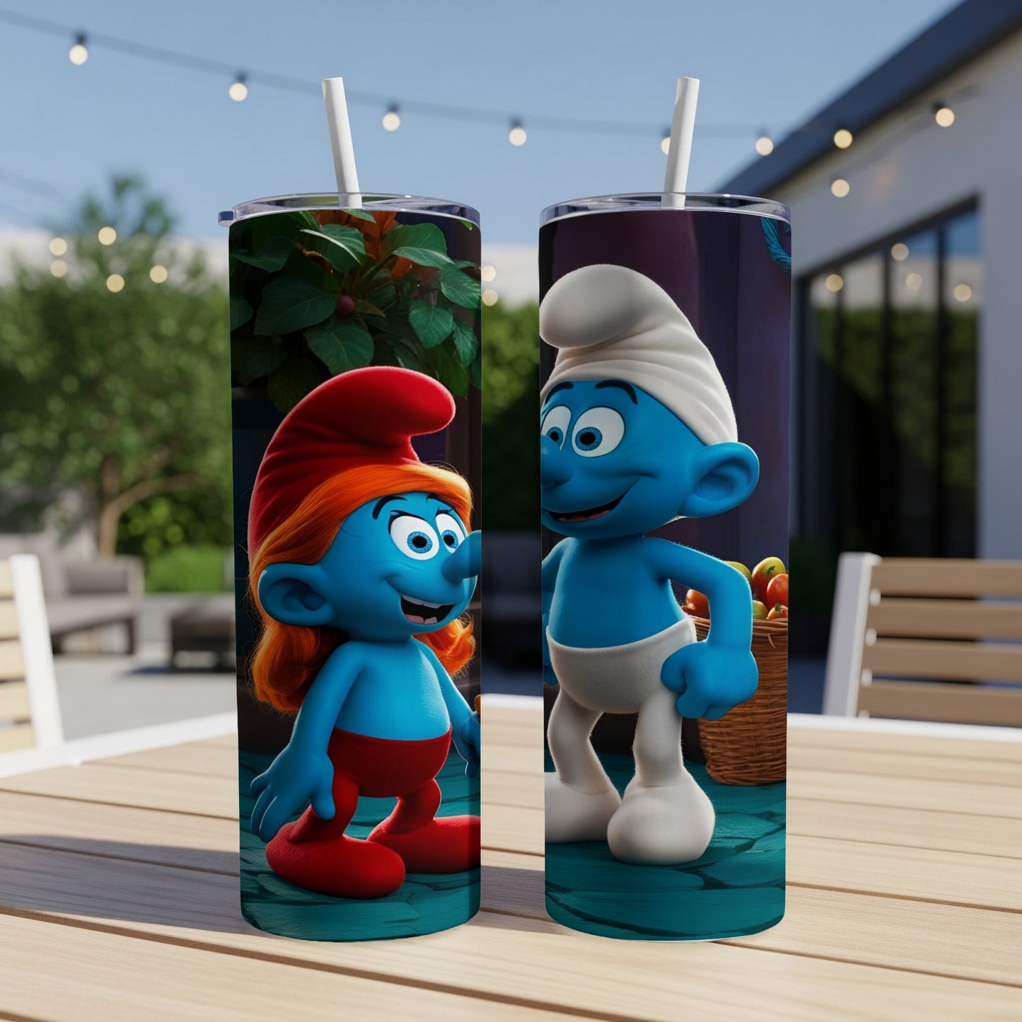 Smurfette and Papa Smurf on tumblers with outdoor background.