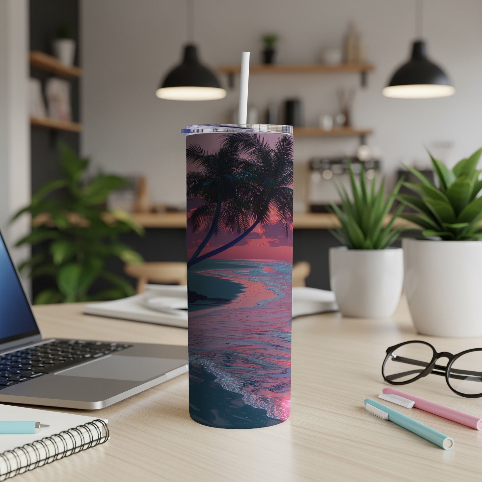 Tall tumbler with a tropical sunset beach scene and palm trees.