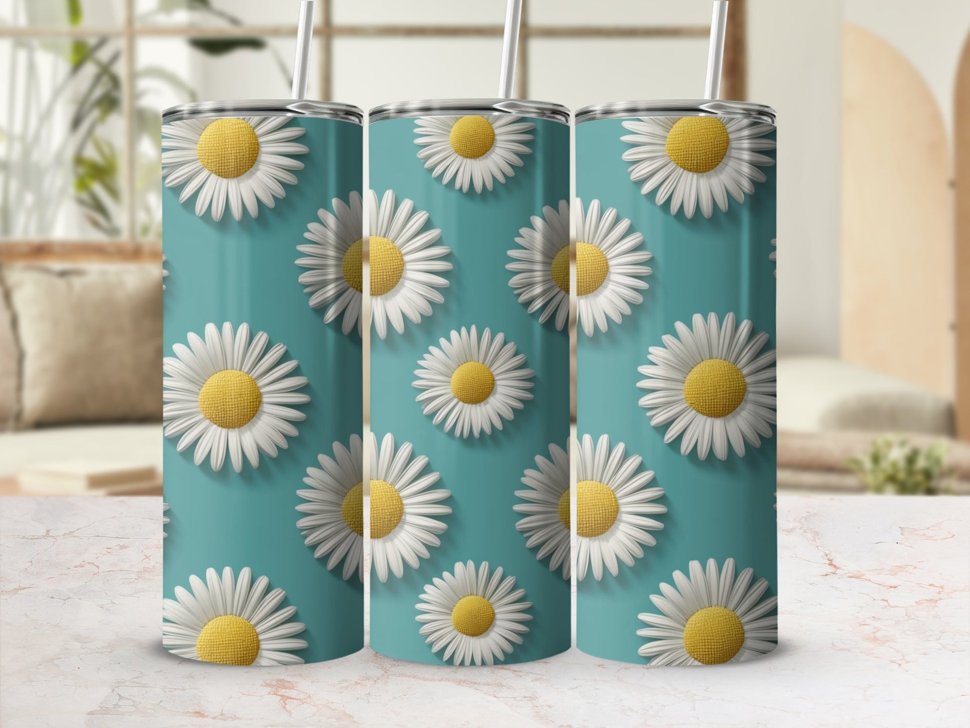 Three tumblers with a repeating daisy floral pattern on a teal background.