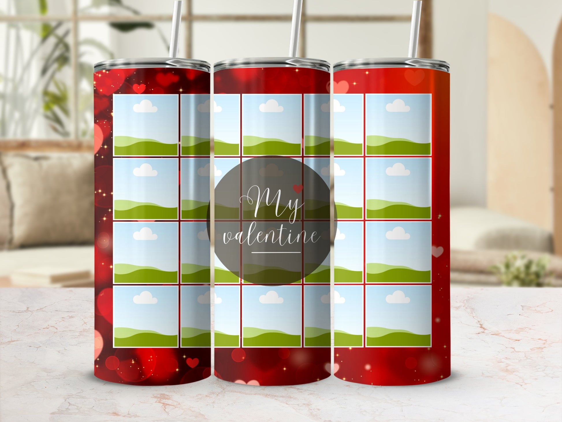 Red tumbler with grid of photo frames and "My valentine" text.