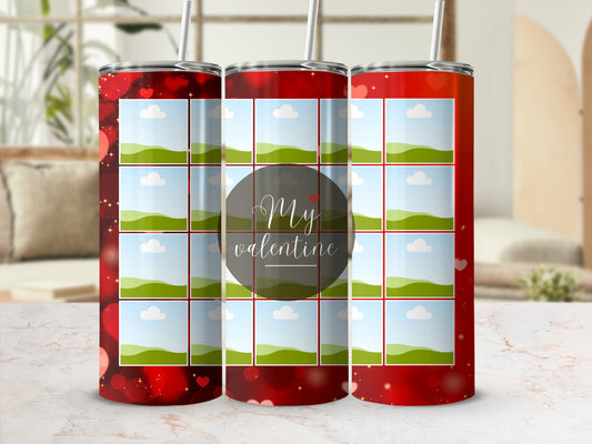 Red tumbler with grid of photo frames and "My valentine" text.