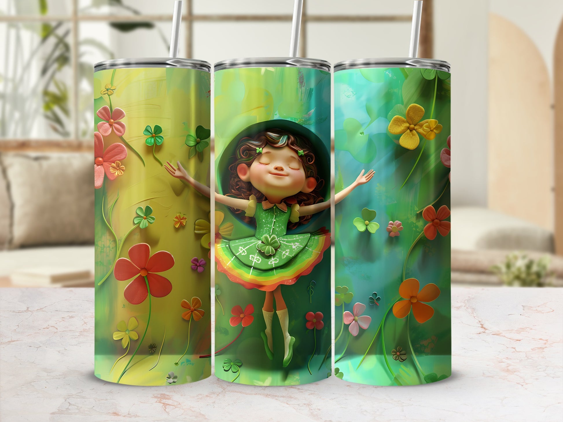 Green tumbler with a dancing girl and floral clover designs.