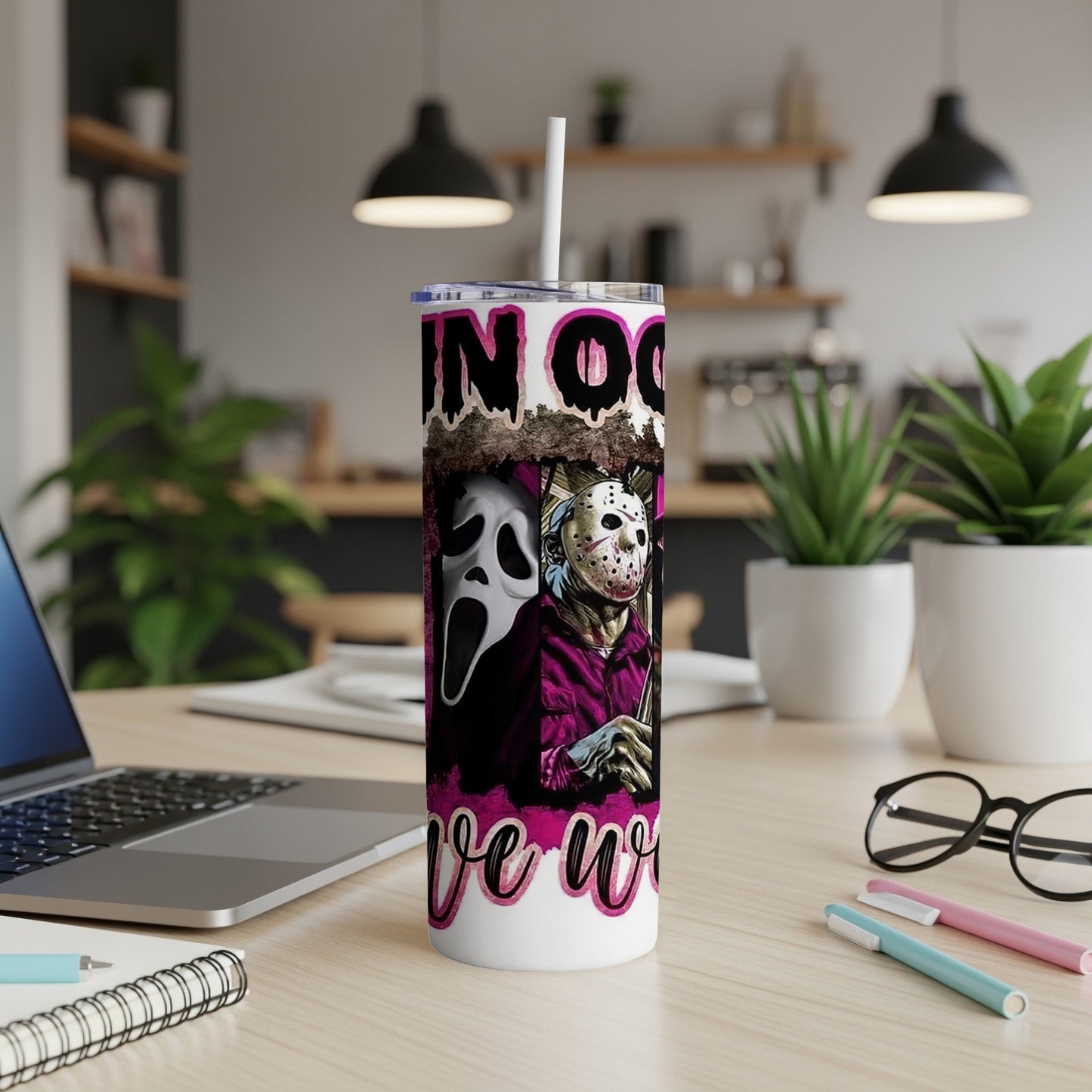 Tumbler featuring Ghostface and Jason Voorhees with "IN OO..." and "ove wo" text.