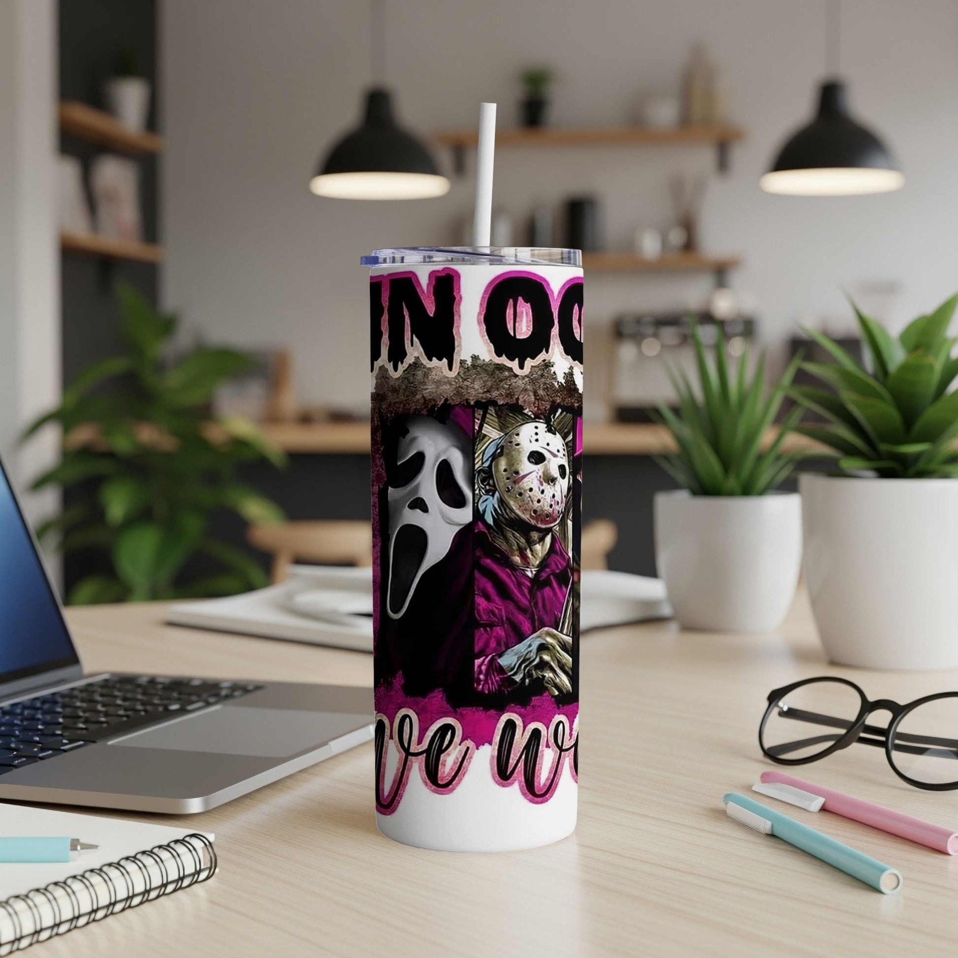 Tumbler featuring Ghostface and Jason Voorhees with "IN OO..." and "ove wo" text.