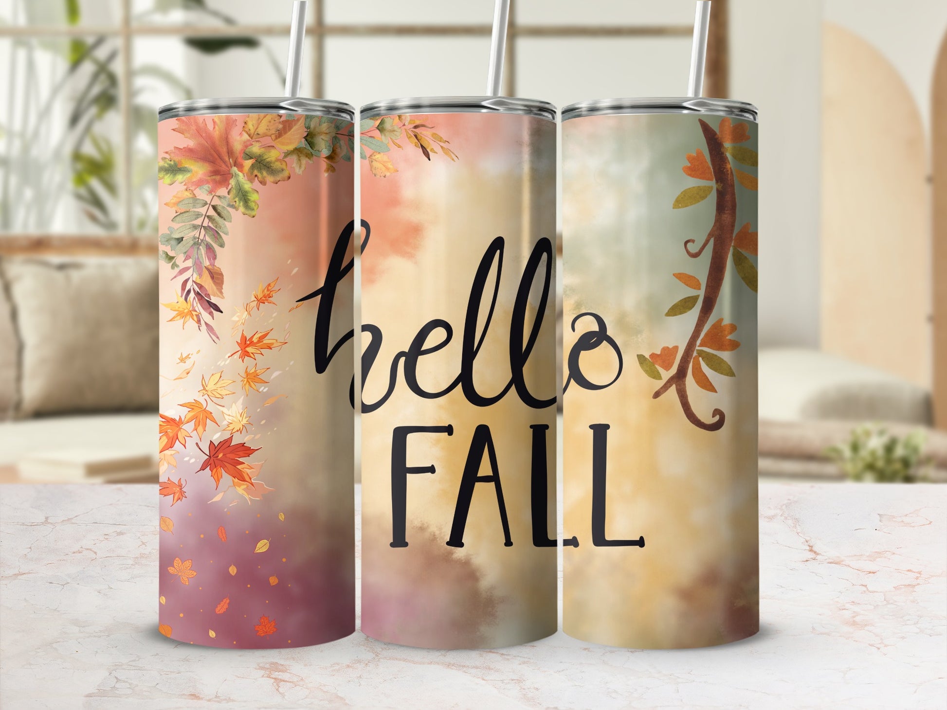 Hello Fall Autumn Leaves Tumbler Cup Design