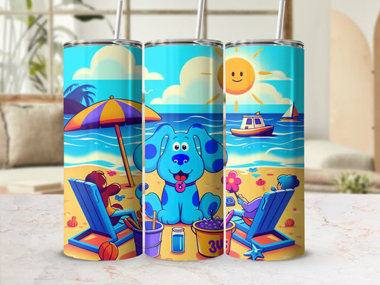 Cute Blue Dog Beach Scene Insulated Tumbler Cup