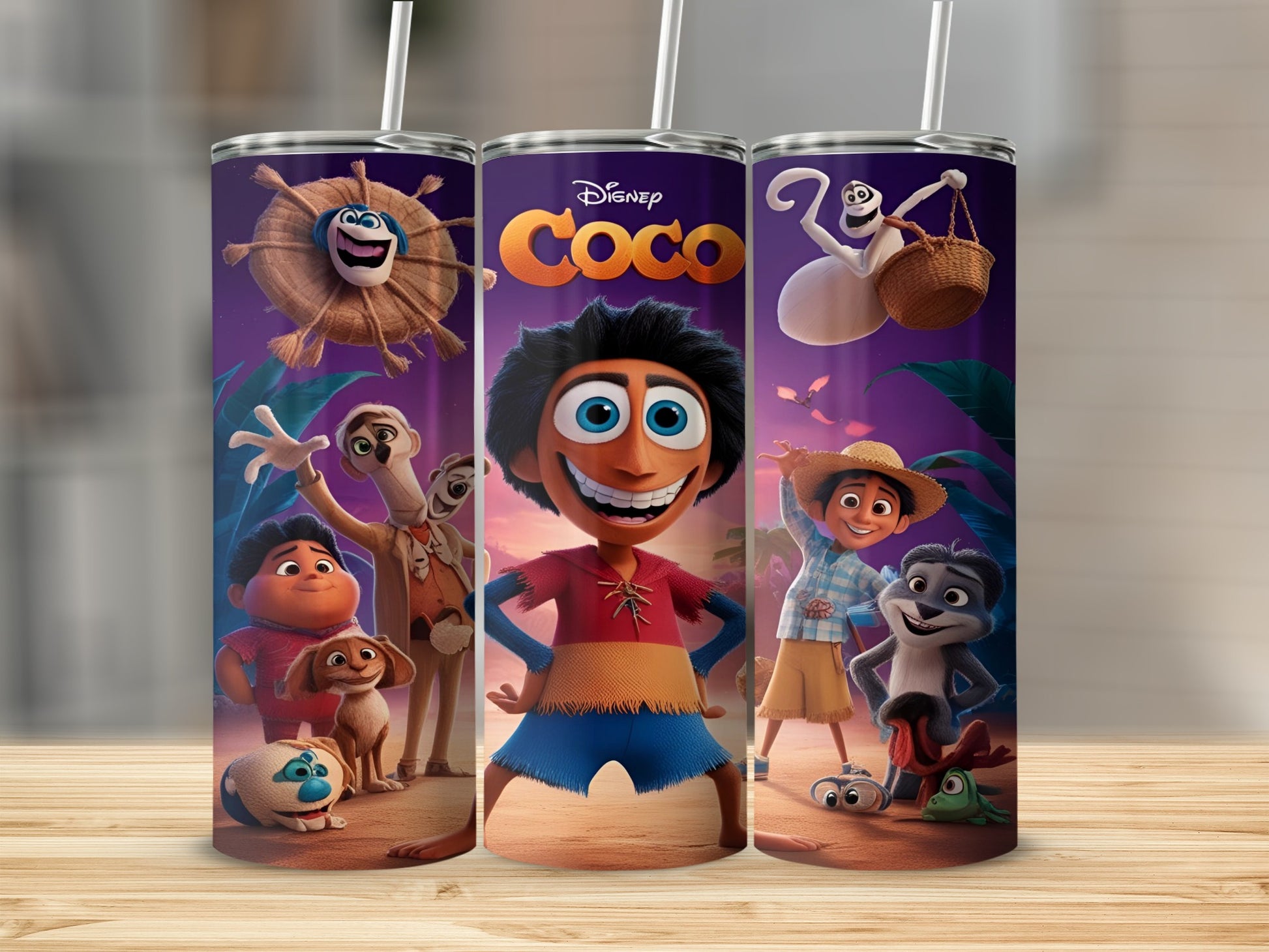 Disney Coco characters Miguel, Hector, Dante, and others on a purple background.