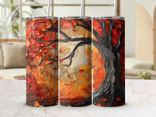 Three tumblers featuring a textured oil painting of an autumn tree with red and orange leaves.