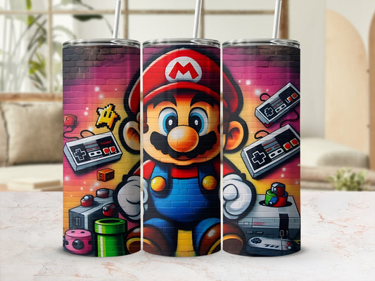 Retro Gaming Themed Tumbler With Iconic Characters