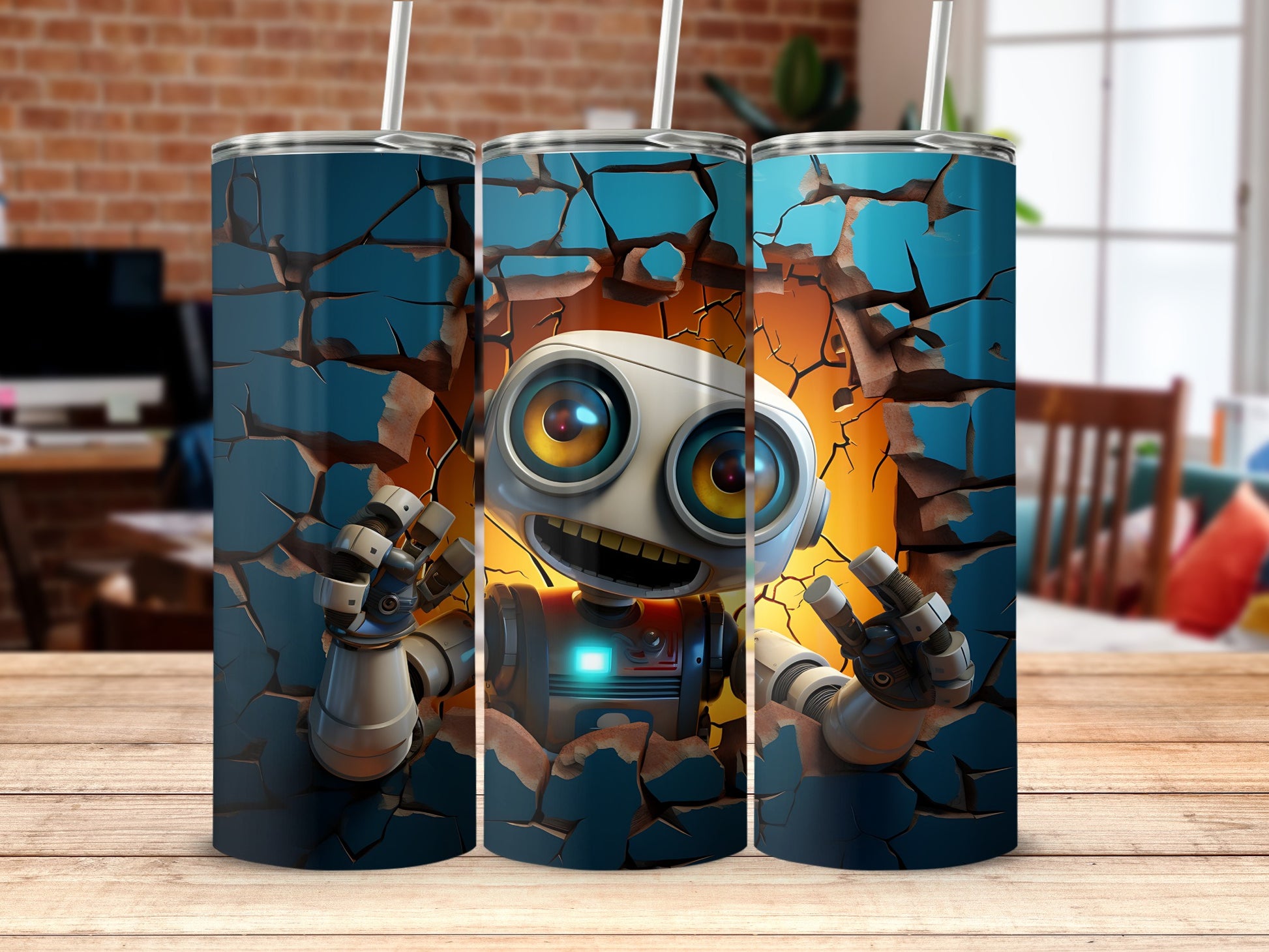 Cute Robot Breaking Through Wall Design Tumbler