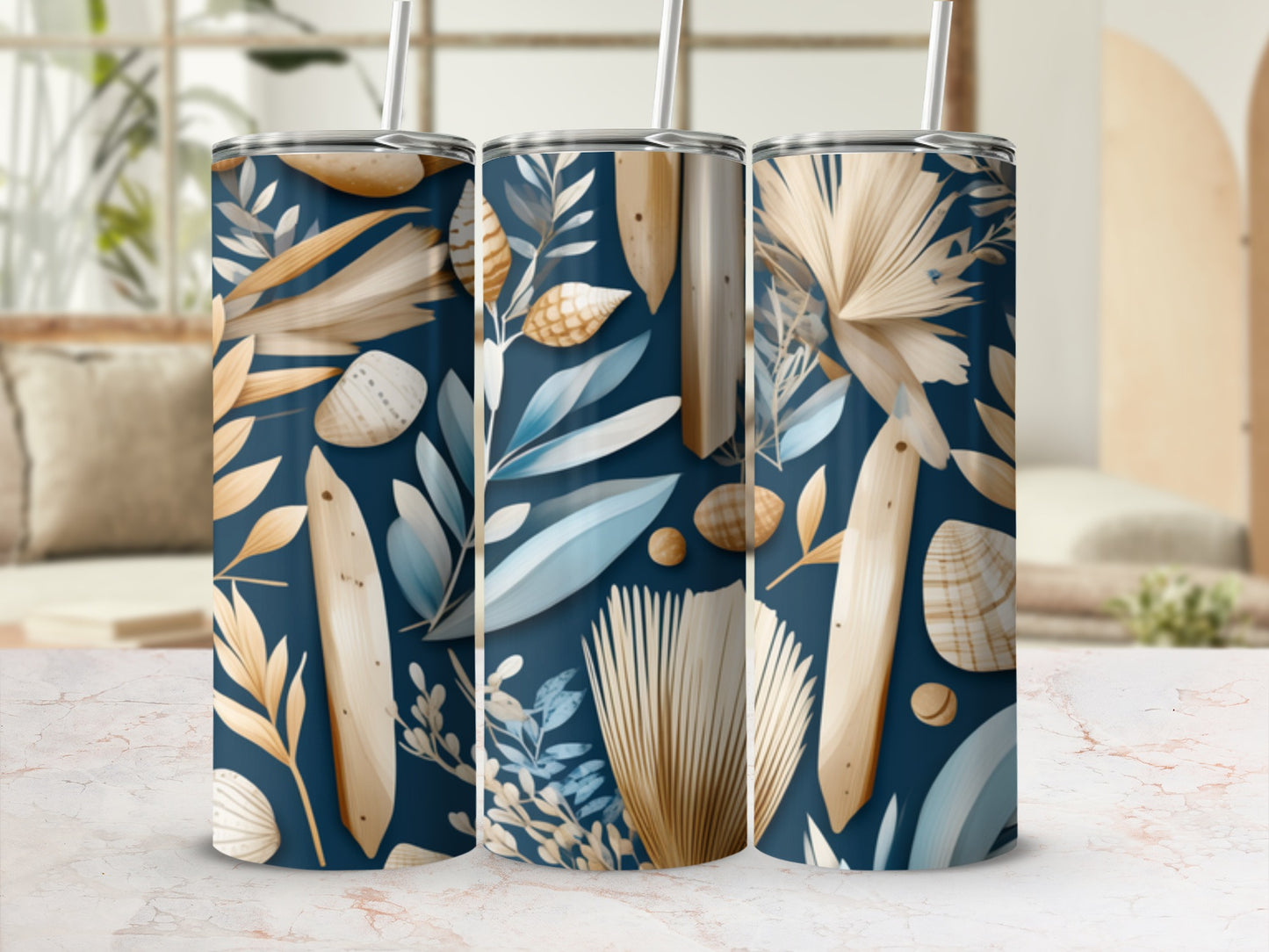 Three tumblers with a navy blue background and a coastal botanical pattern.