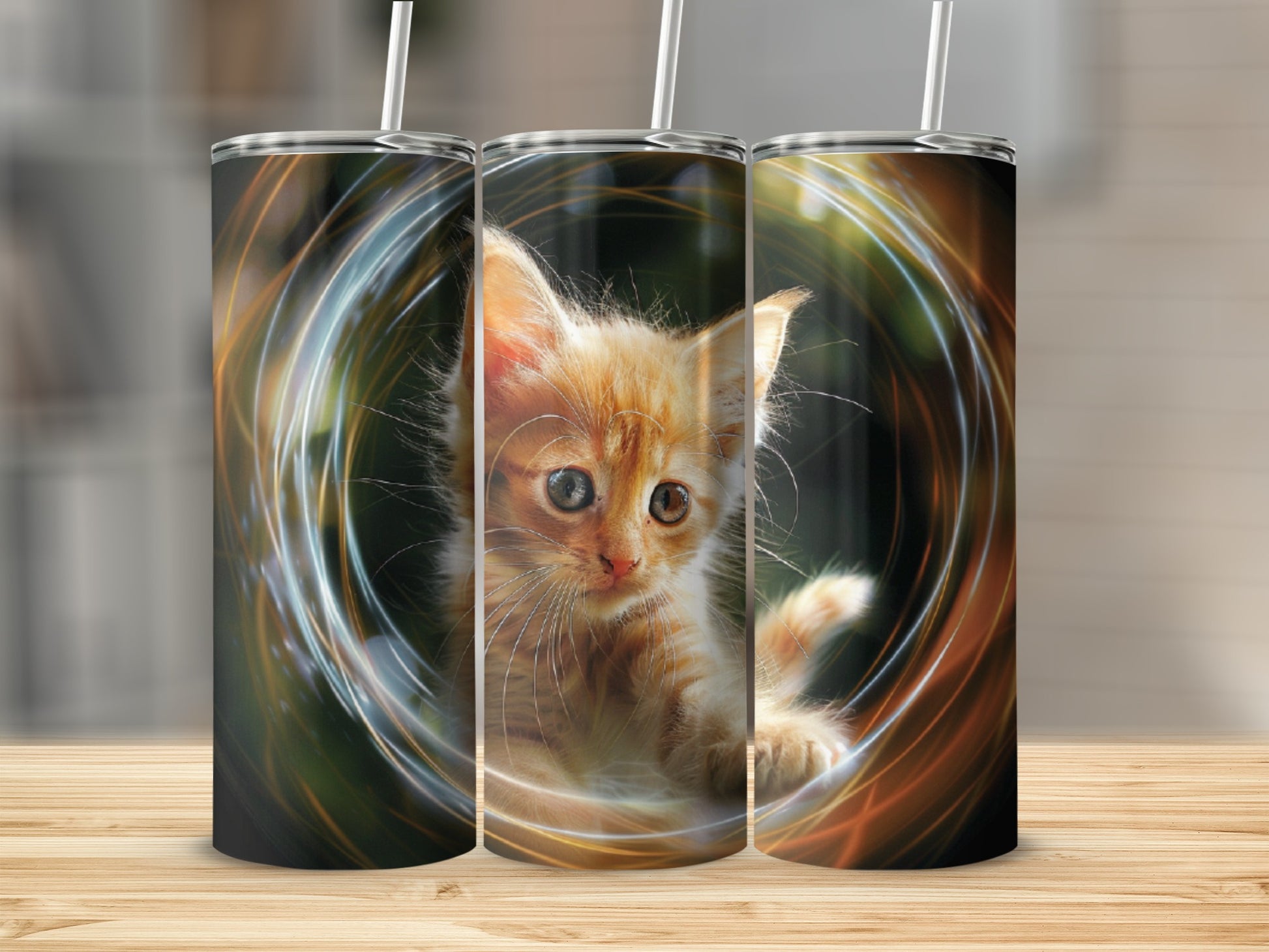 Orange tabby kitten with heterochromia in a swirling light effect.