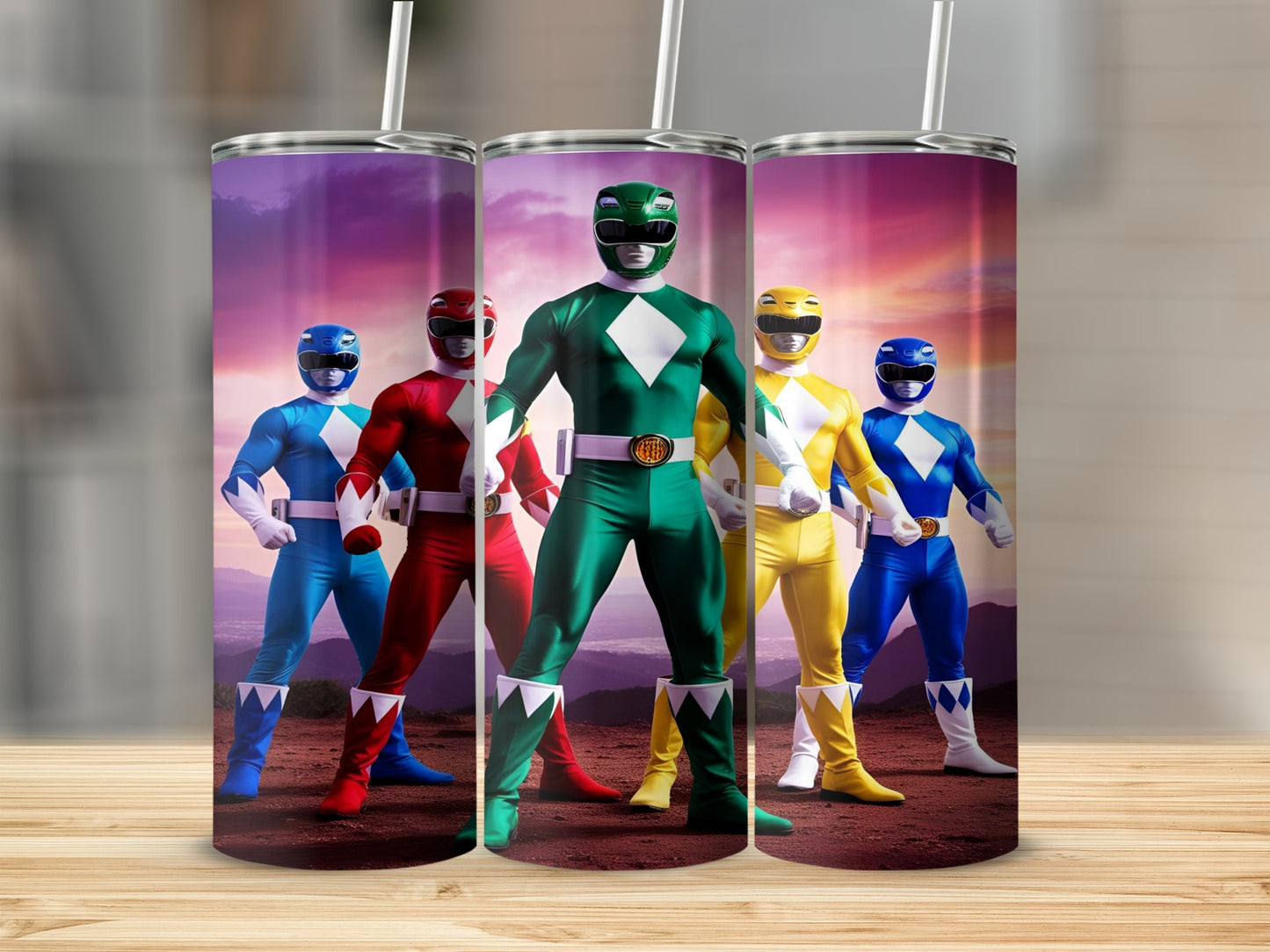 Five Power Rangers in full suits stand in formation against a rocky, sunset background.