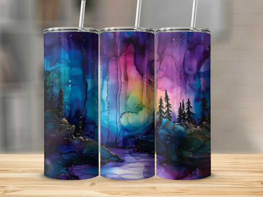 Three tumblers featuring a swirling purple and blue aurora borealis over a dark forest.