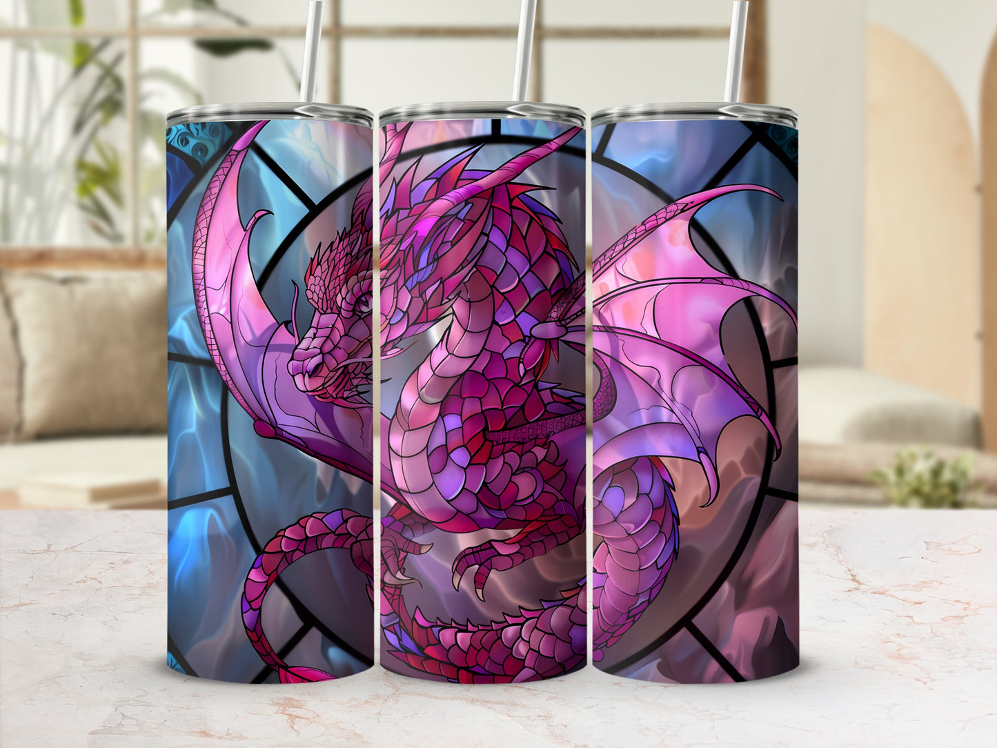 Dragon stained glass pattern on a cylindrical tumbler.