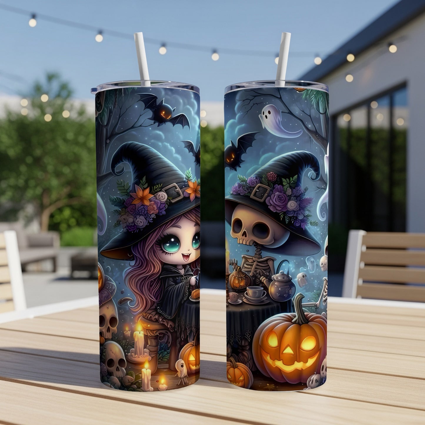 Two tumblers feature Halloween art with a witch, skeleton, bats, ghosts, and pumpkins.