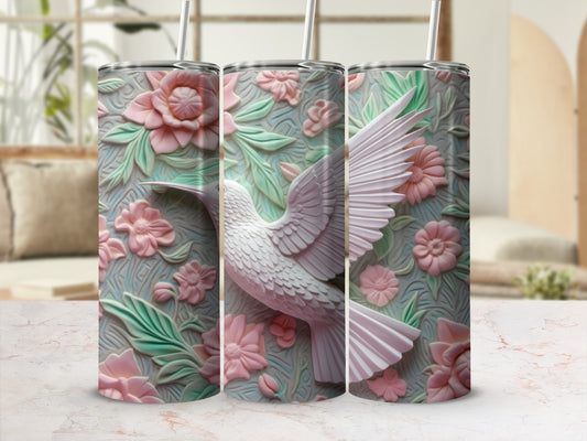Three tumblers with a 3D embossed design of a white hummingbird and pink flowers.