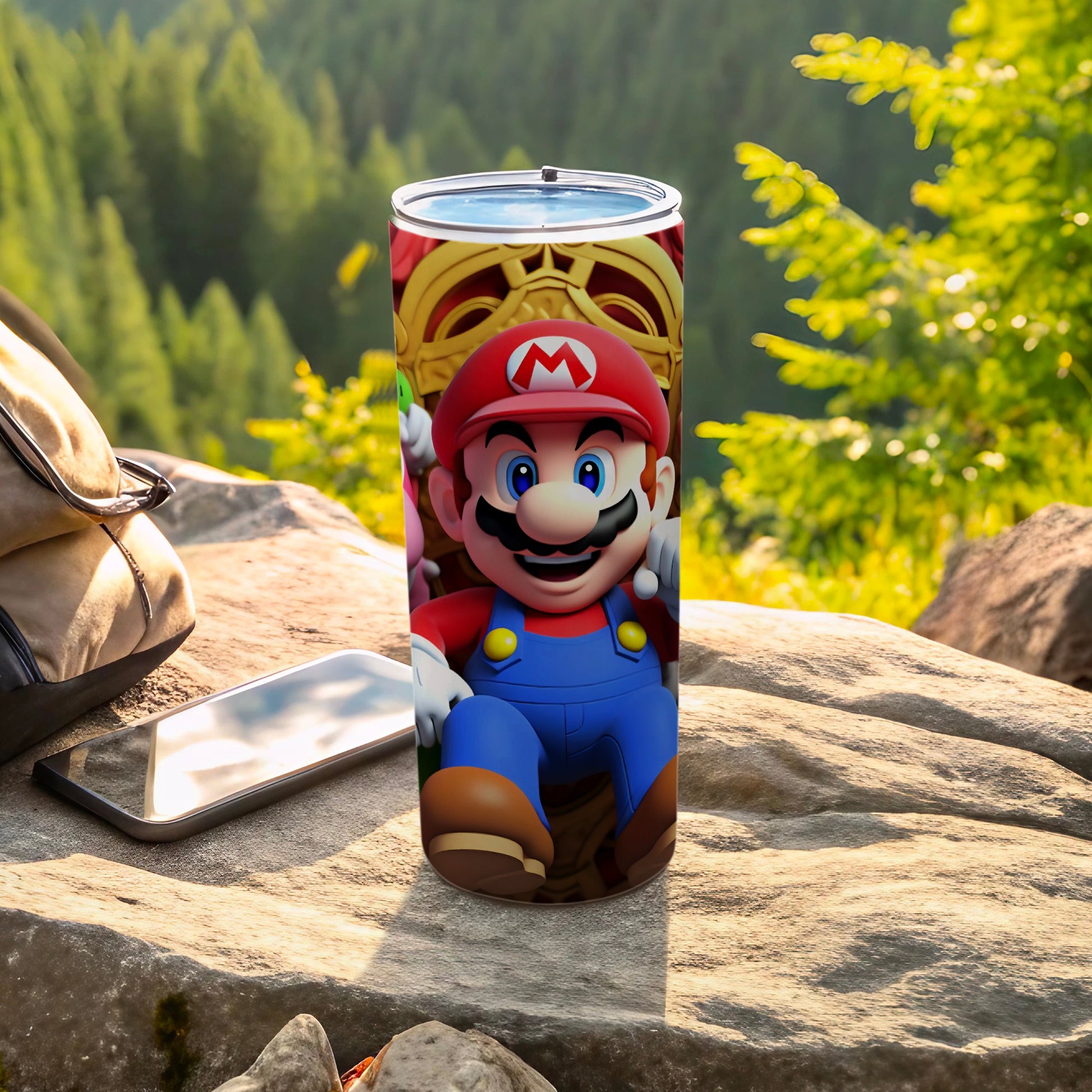 Colorful Mario Design Tumbler with Cap in Forest Scene