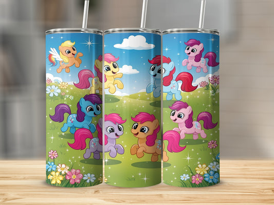 Three tumblers featuring cartoon ponies with colorful manes and tails on a grassy field.