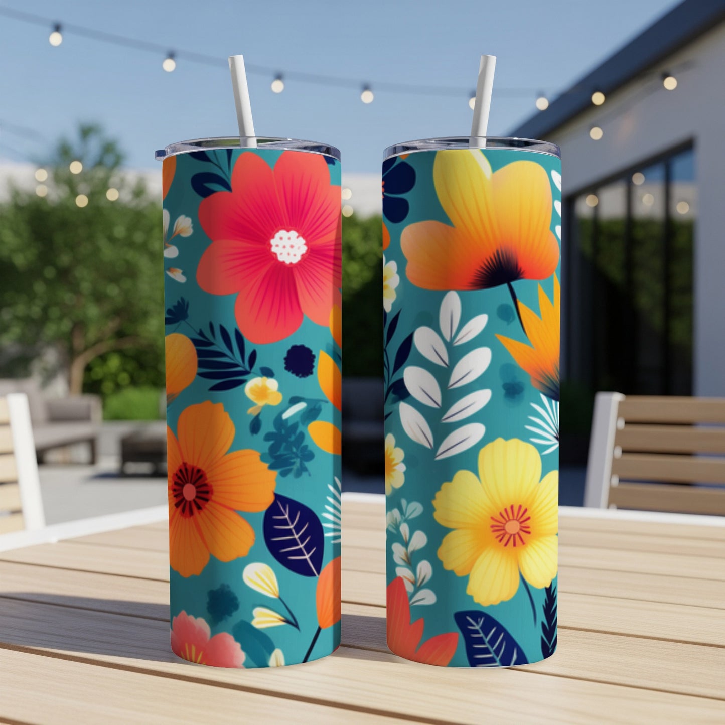 Two tumblers with a vibrant floral pattern on a wooden table outdoors.