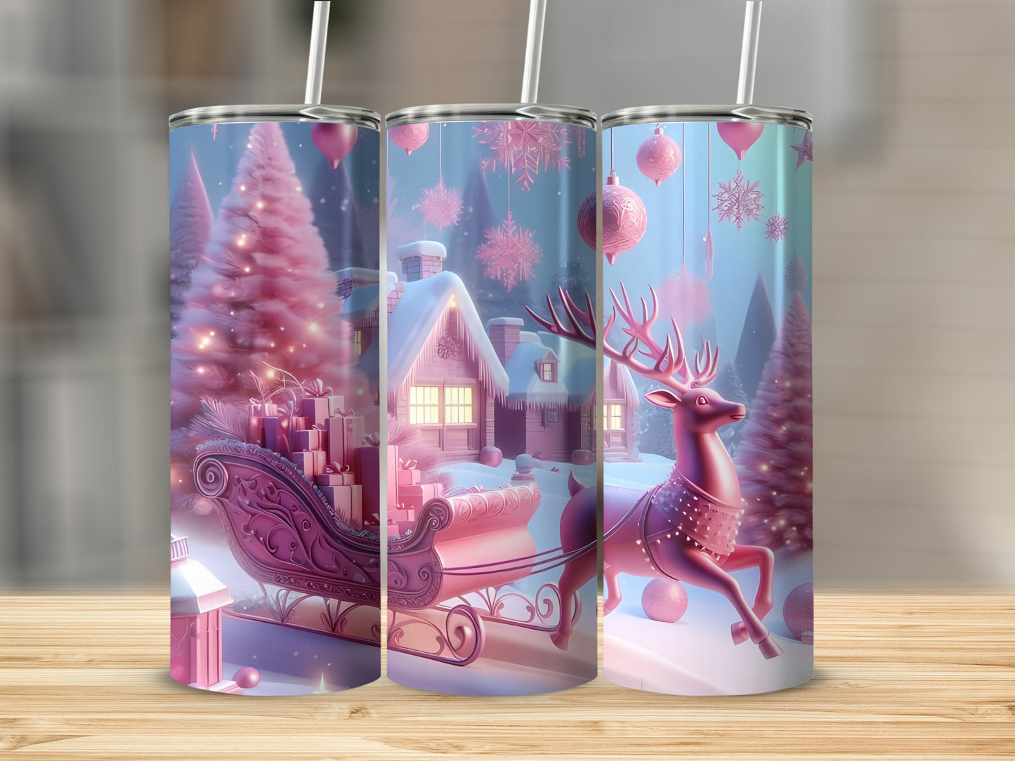 Festive Christmas Scene with Sleigh and Reindeer Tumbler