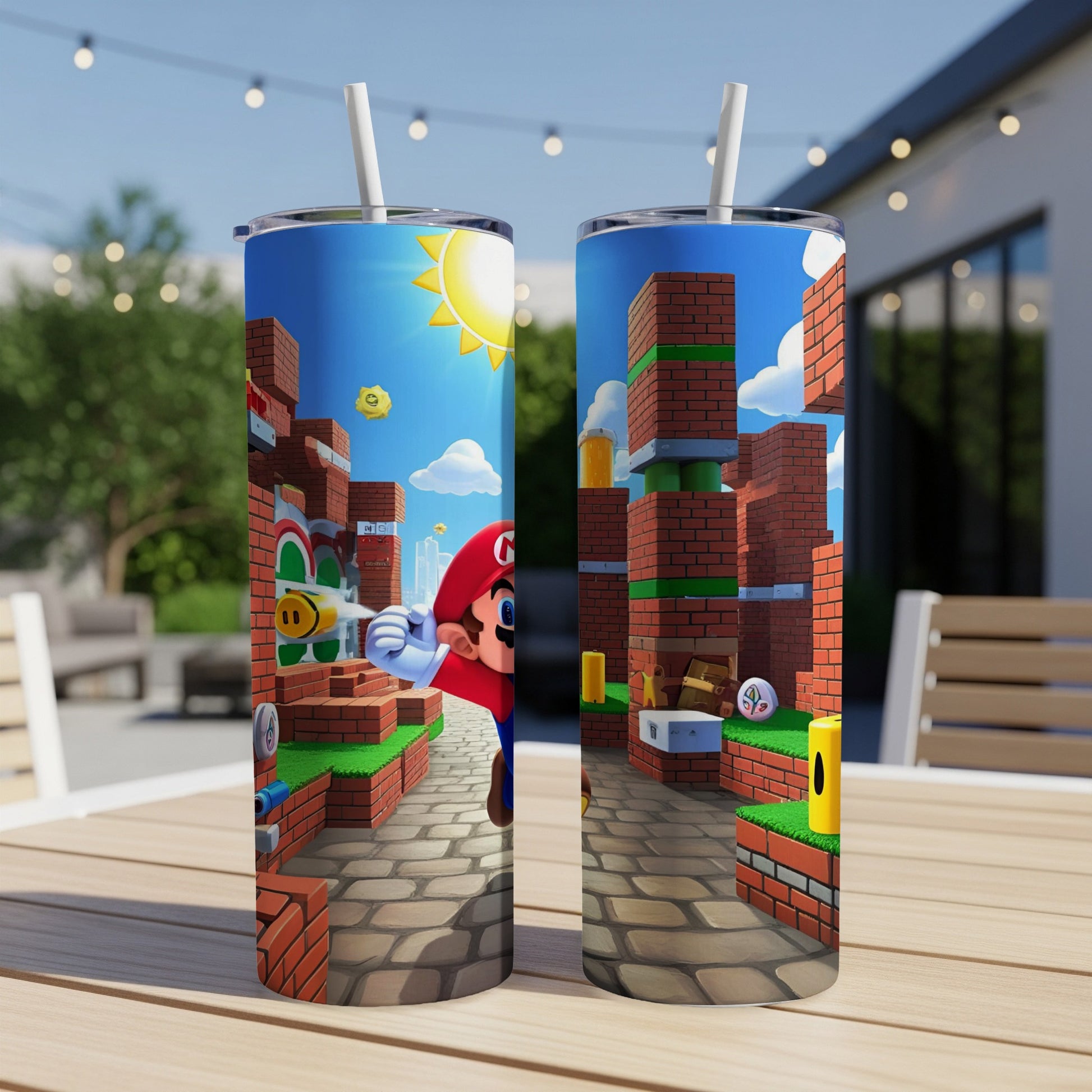 Super Mario peeks from behind bricks on a blue tumbler.