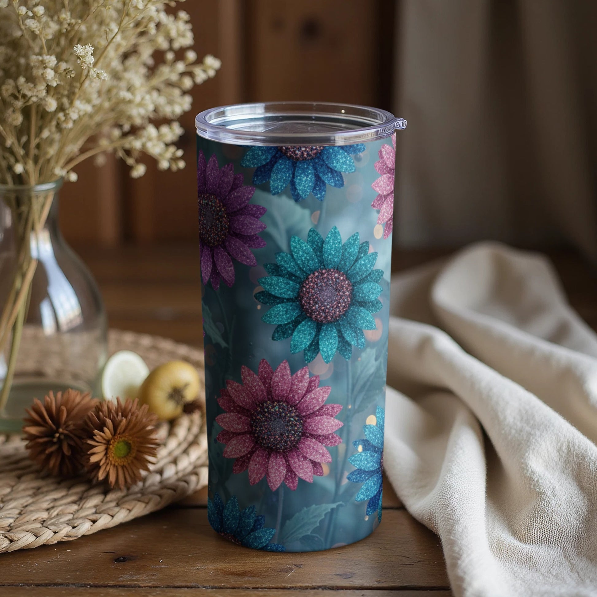Colorful Floral Design Glitter Tumbler