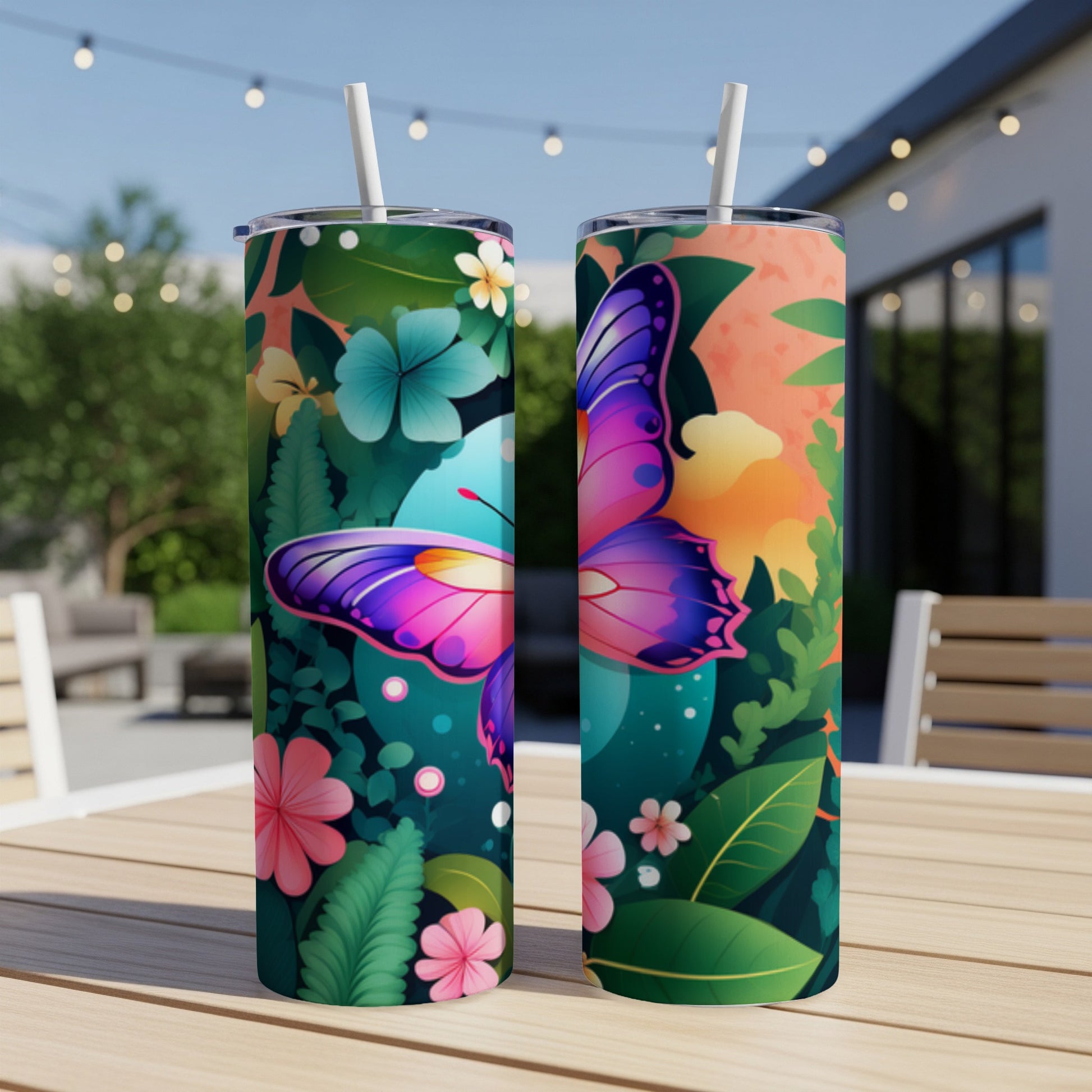 Two tall tumblers with a vibrant butterfly and floral design.