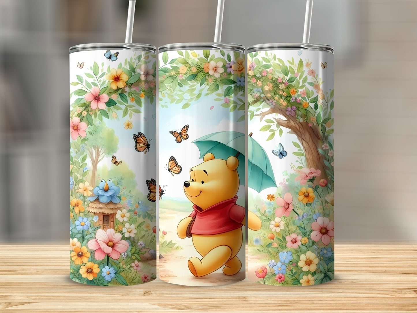 Winnie With Umbrella And Butterflies Floral Background Tumblers