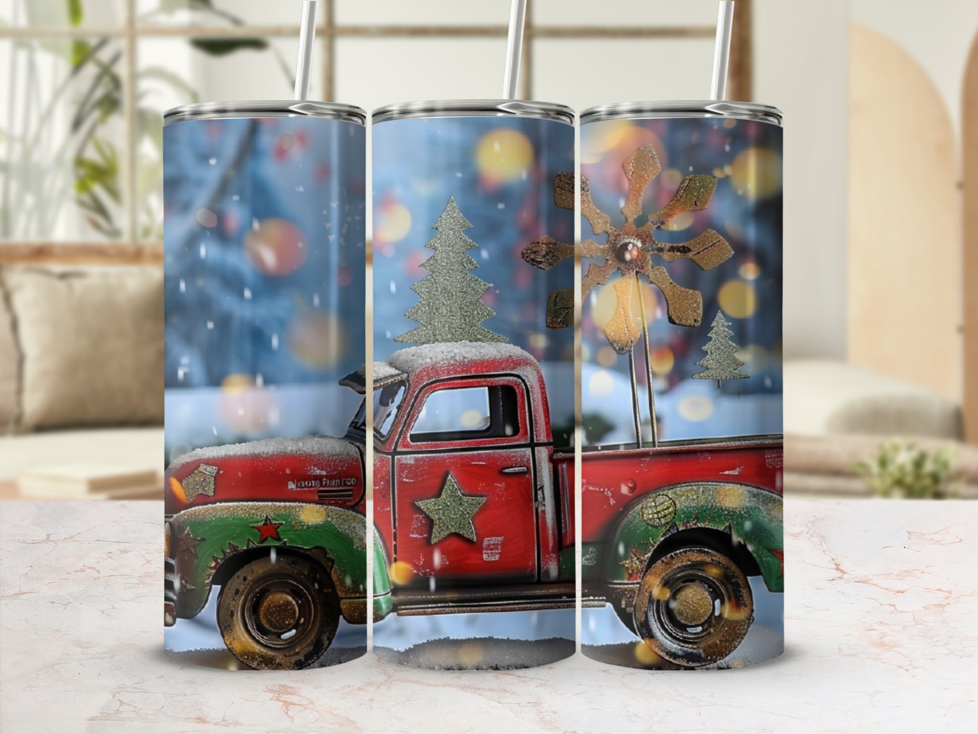 Red and green vintage truck with Christmas trees and snow.