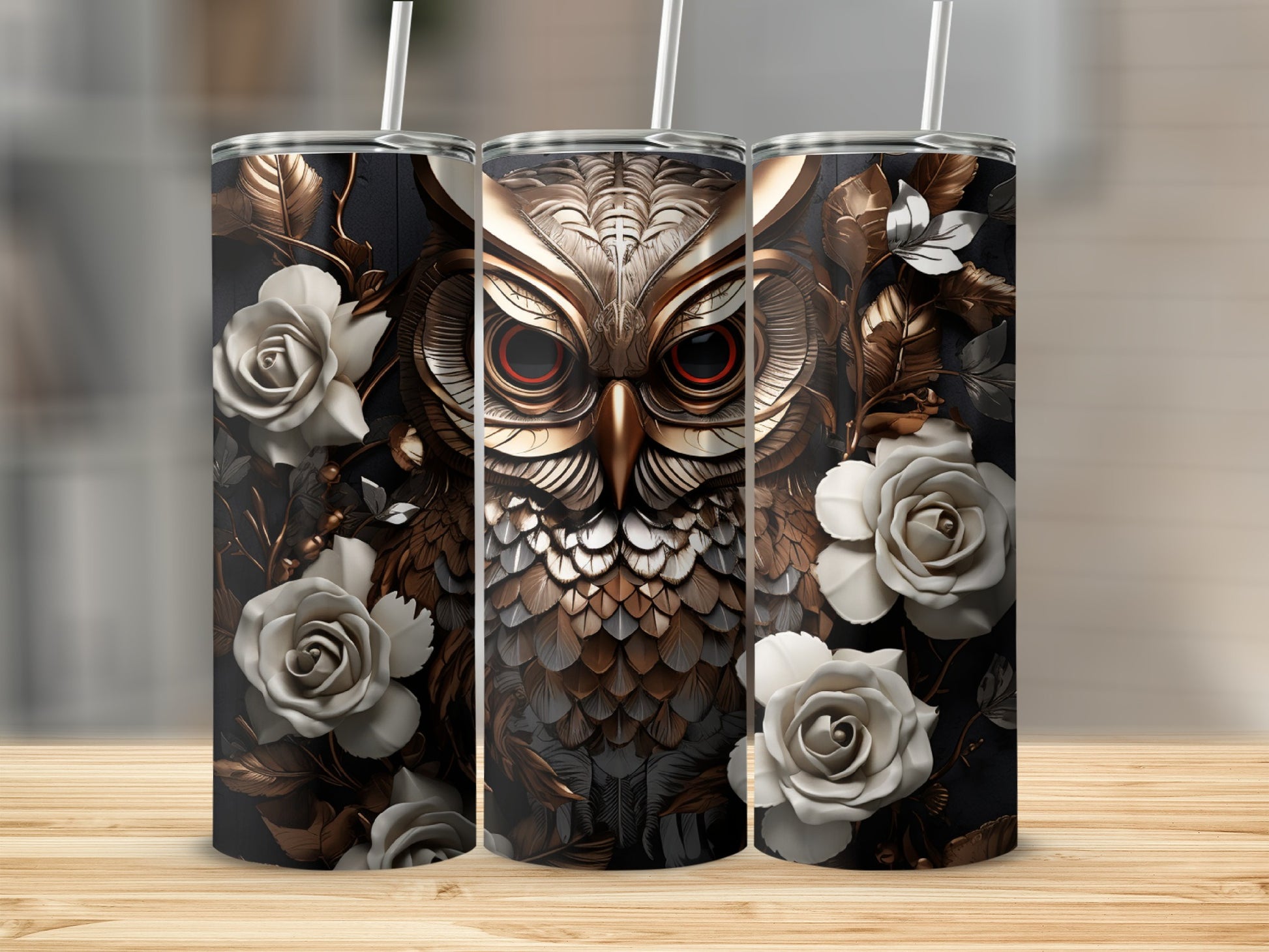 Triptych of white roses and an owl with metallic feathers.