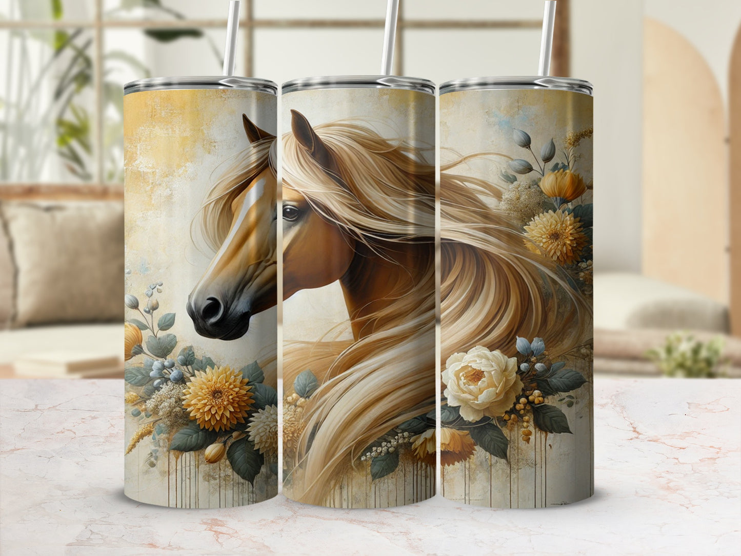 Horse and Floral Design Tumbler With Straw