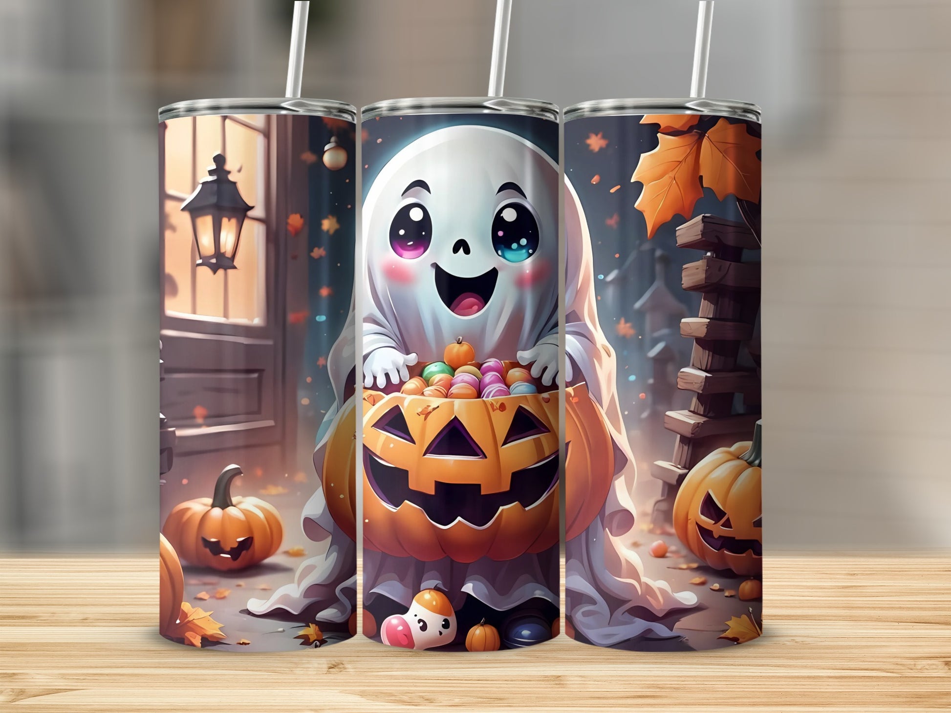 Three Halloween tumblers featuring a cute ghost holding a pumpkin candy bucket.
