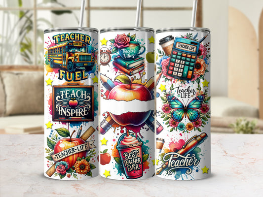 Three tumblers featuring school bus, apple, and butterfly designs with "Teacher Life" text.