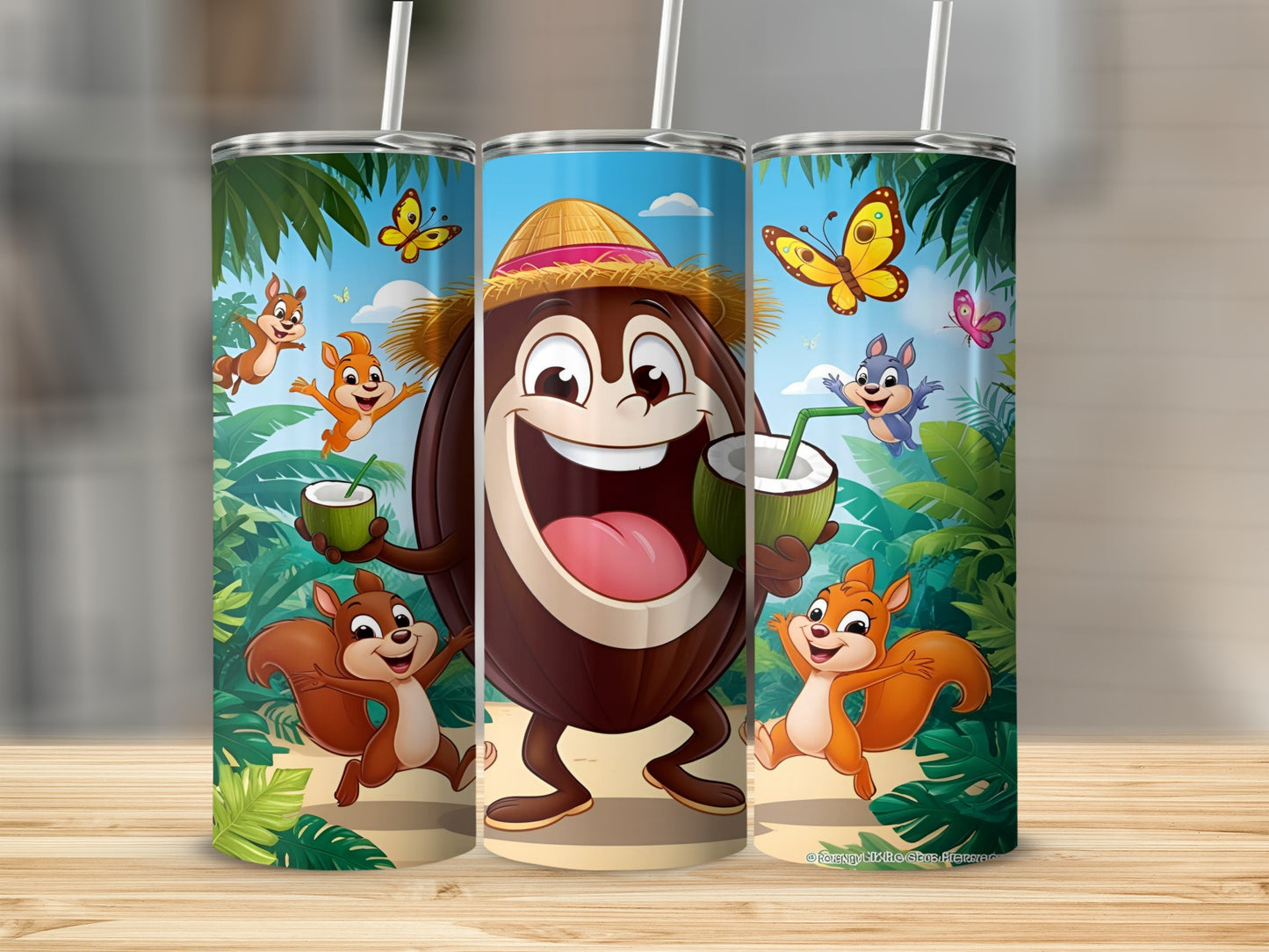 Coconut character wearing a hat, holding a coconut drink, with squirrels and butterflies.