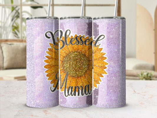 Blessed Mama Glitter Sunflower Design Tumbler