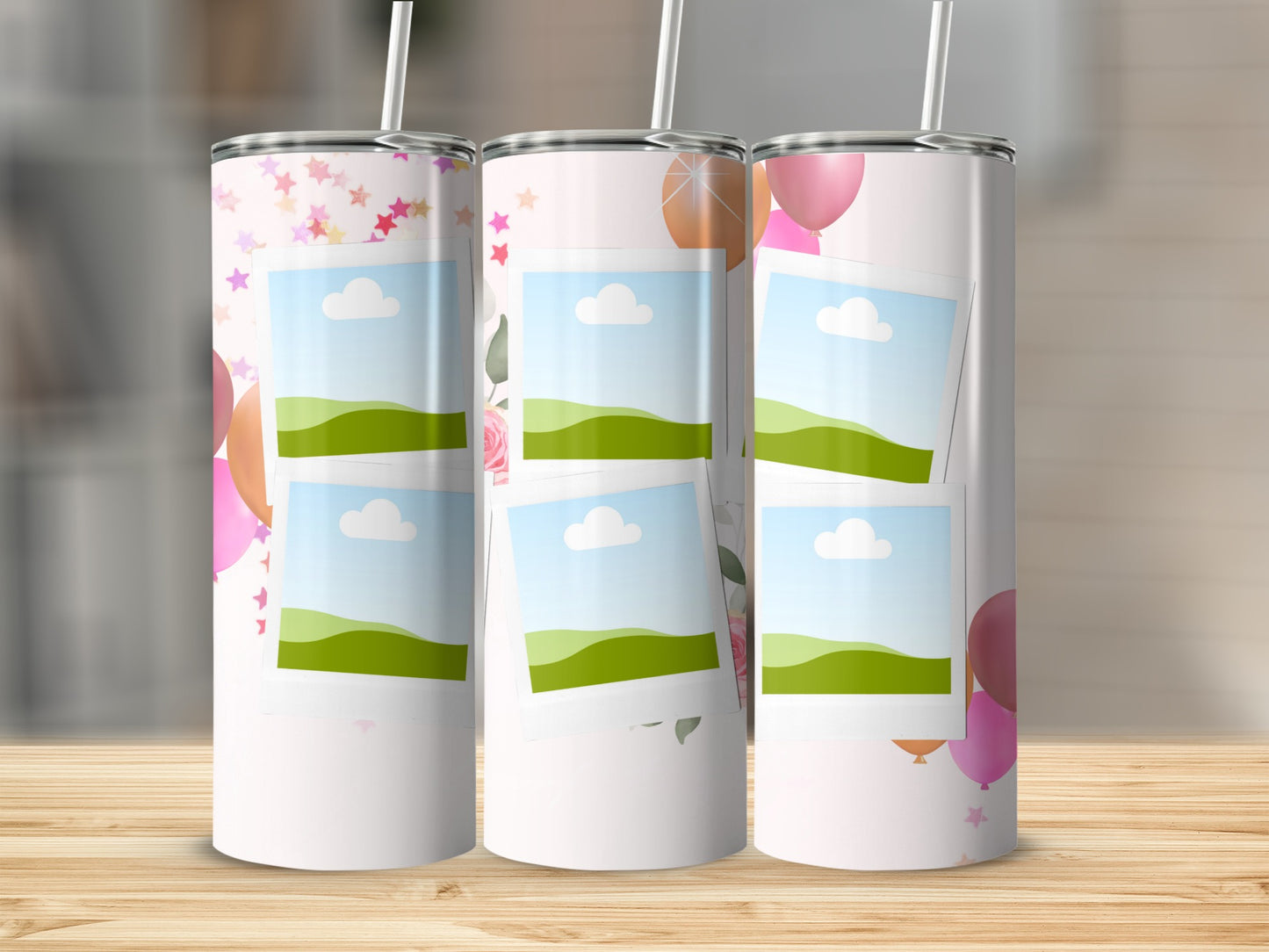 Three tumblers with a playful star and balloon design and photo frame placeholders.