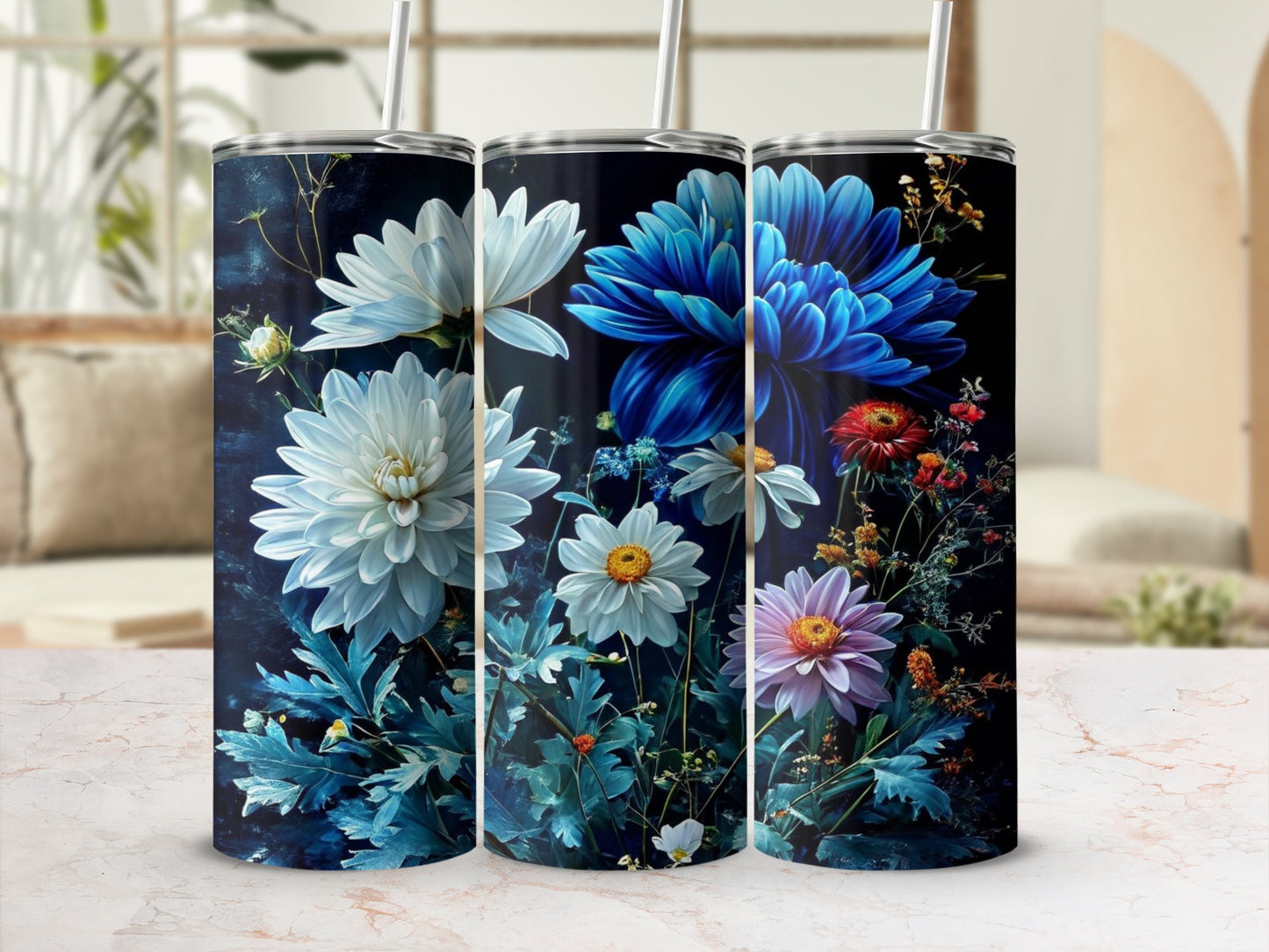 Three tumblers featuring dark floral patterns with vibrant blue, white, and purple blooms.