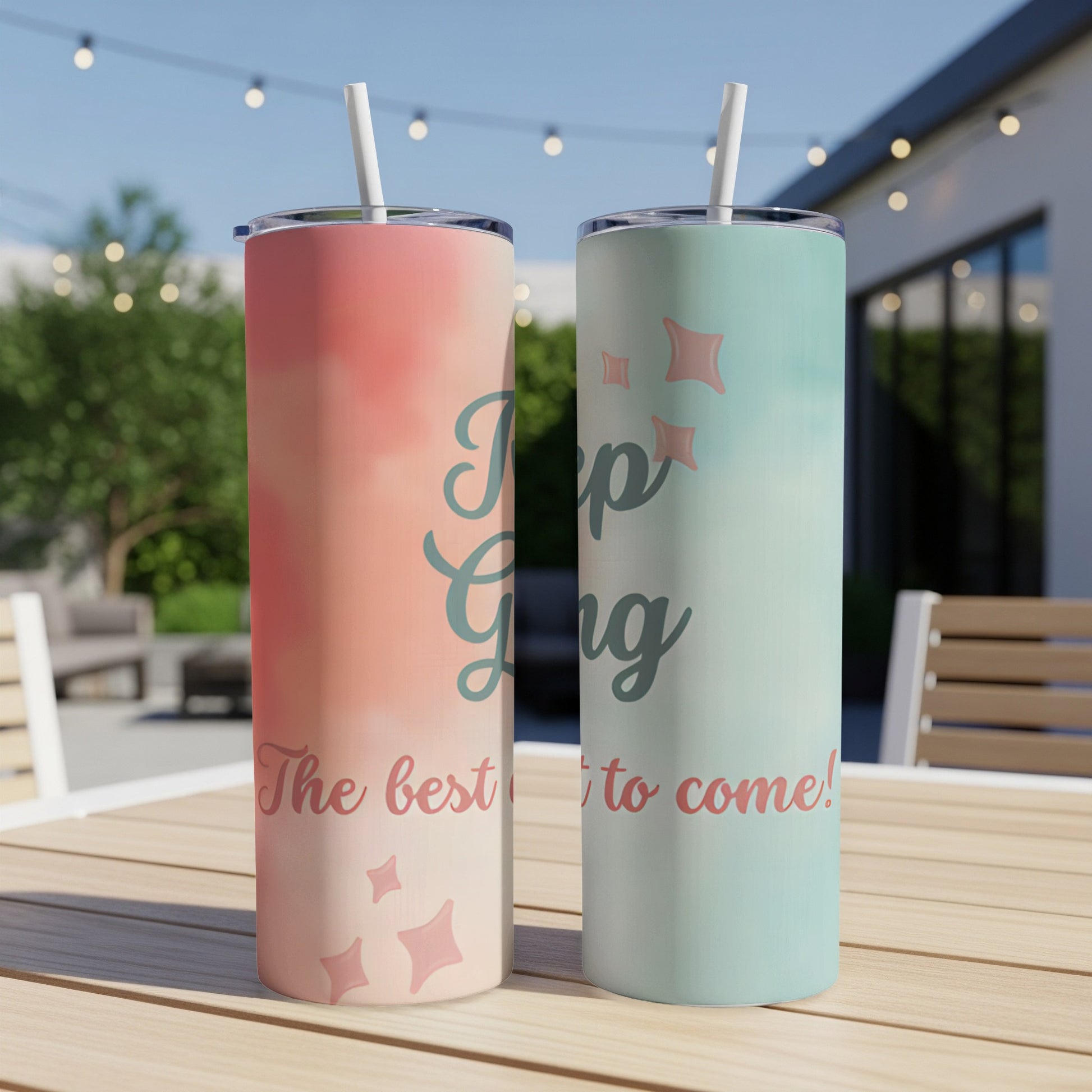 Two tumblers with "The best is yet to come!" text.