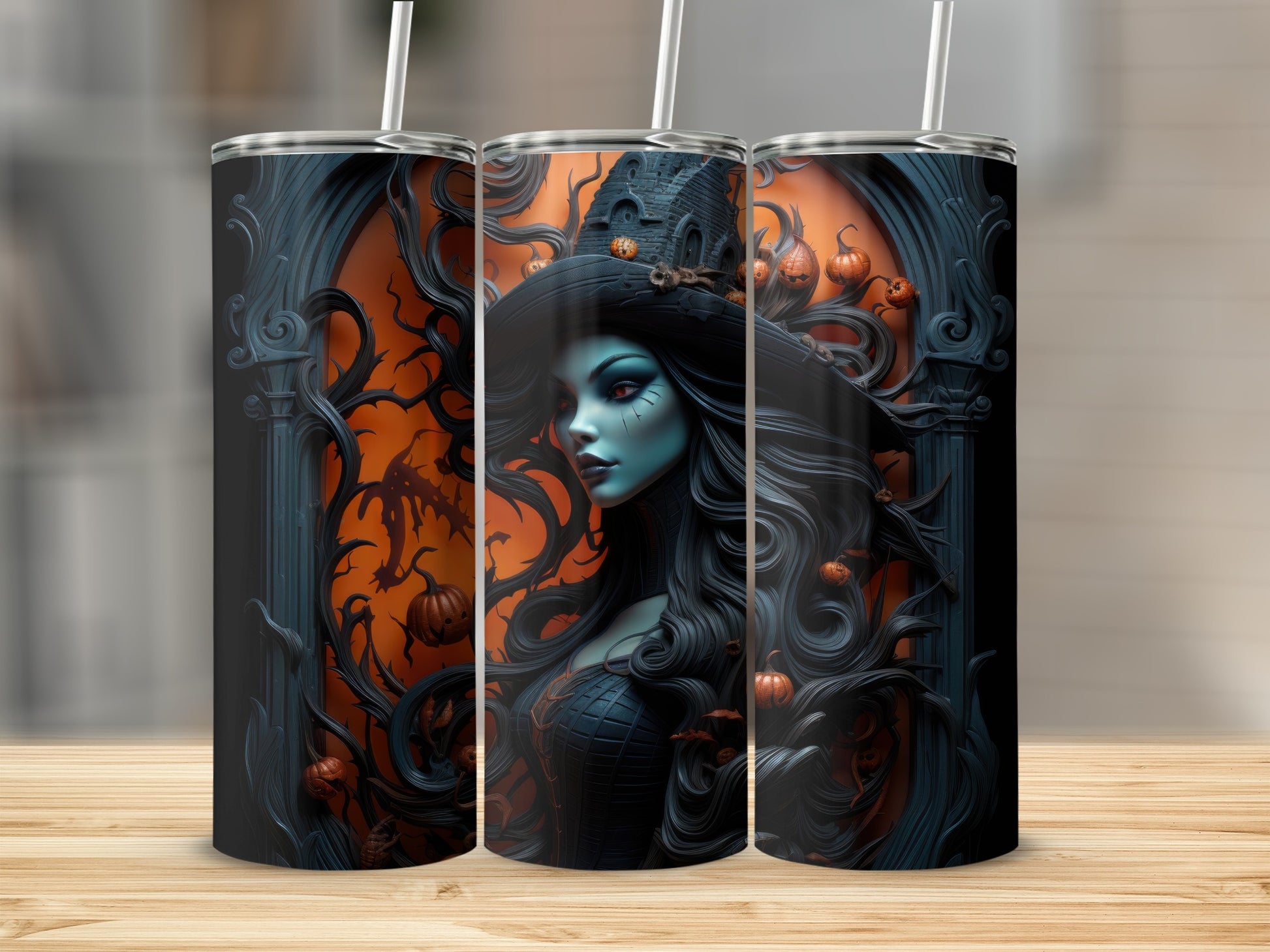 Three tumblers feature a gothic witch illustration with pumpkins and a haunted house.