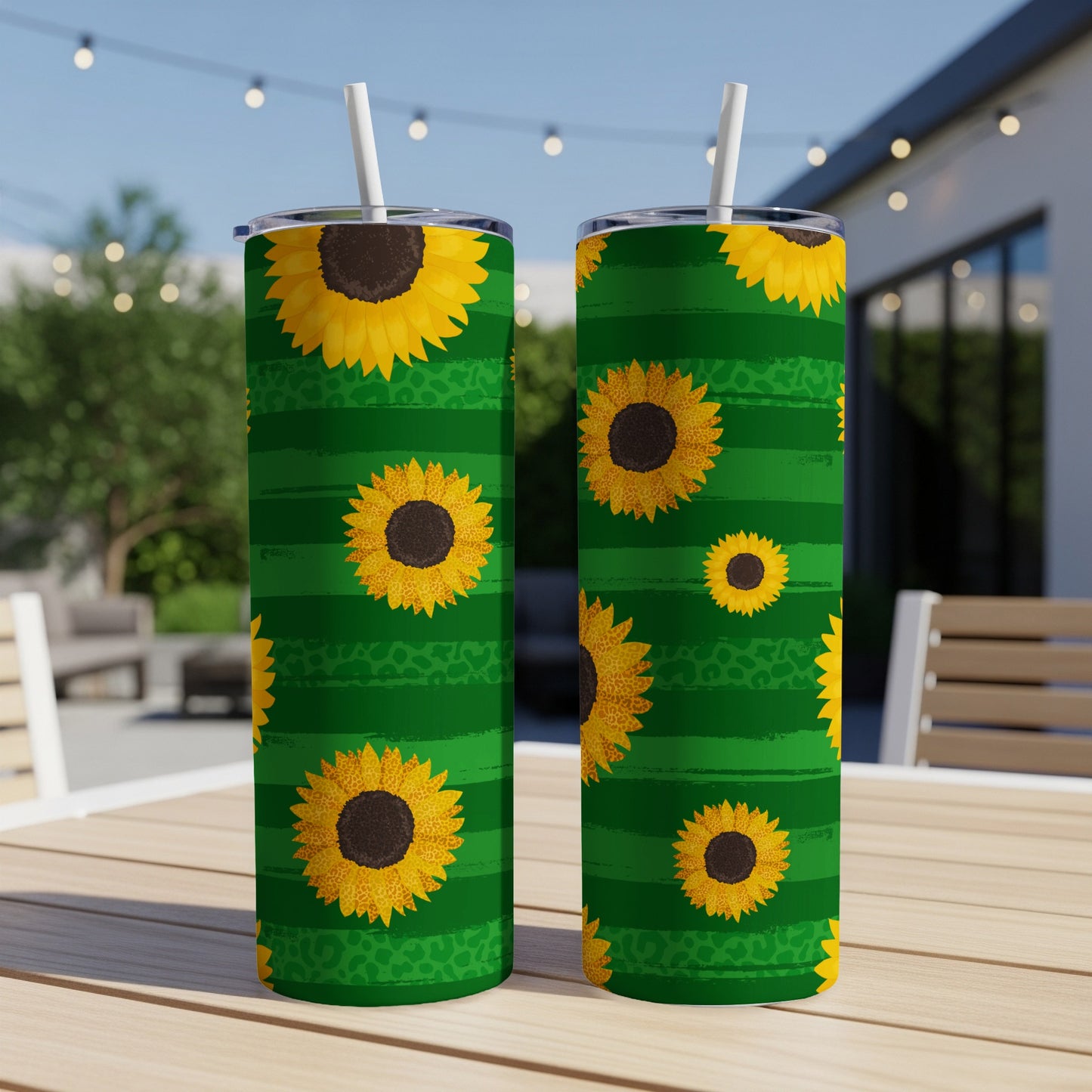 Two green tumblers with sunflowers and green leopard print stripes.