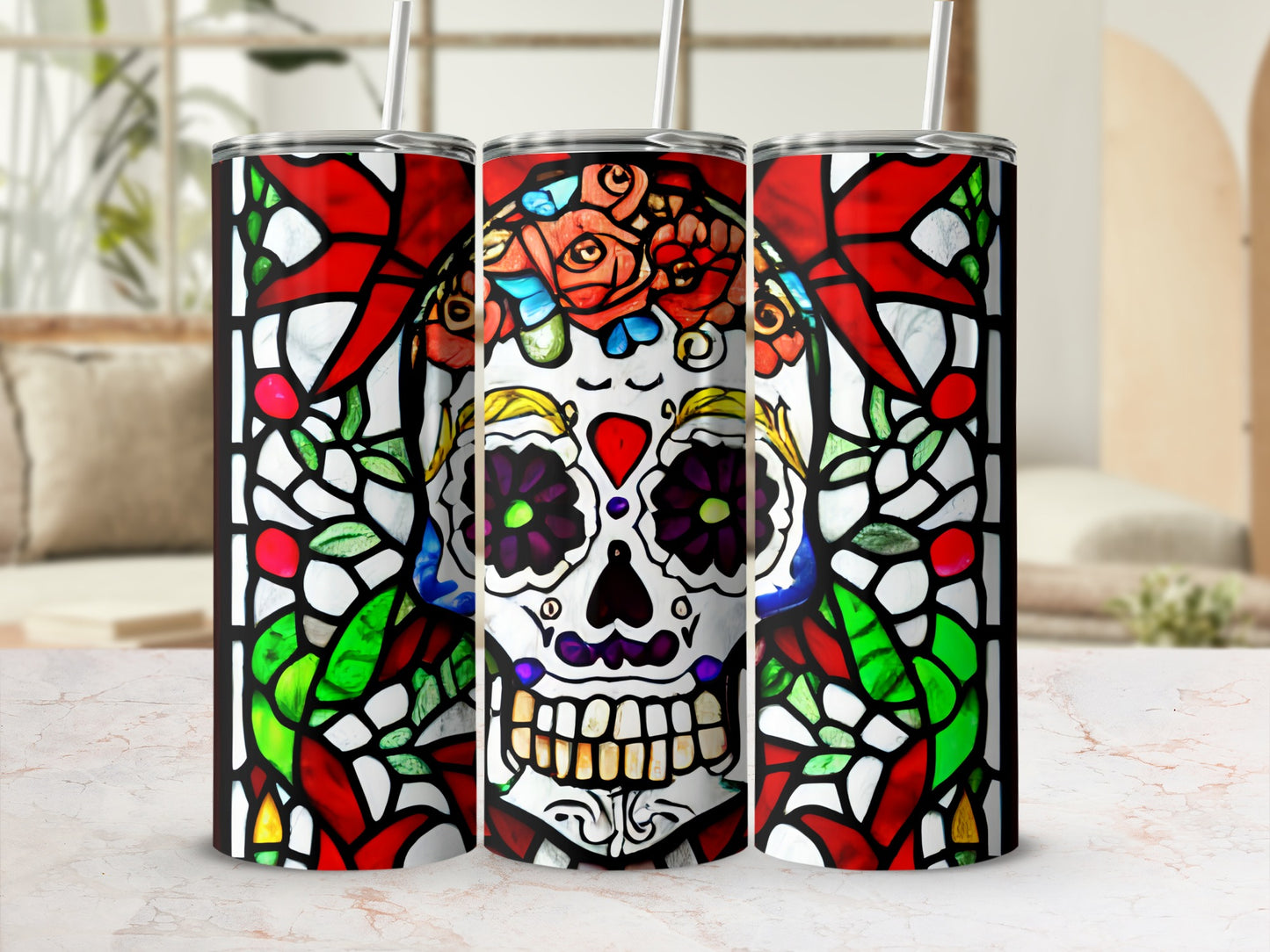Day of the Dead skull tumbler with stained glass floral design.