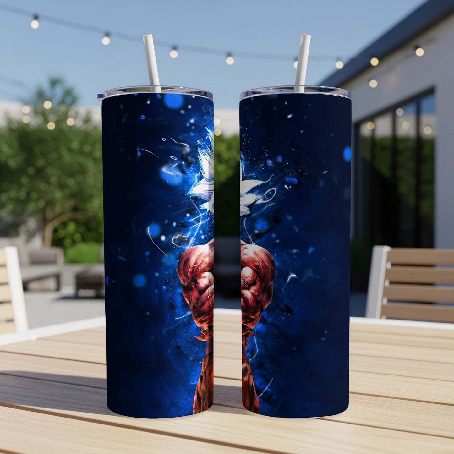 Two tumblers with a stylized dragon and flames against a dark blue, starry background.
