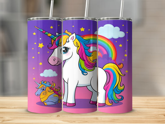 Unicorn tumbler with rainbow and stars, featuring a small unicorn character.