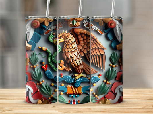 Triptych of tumblers featuring the Mexican coat of arms with eagle, snake, and cactus.