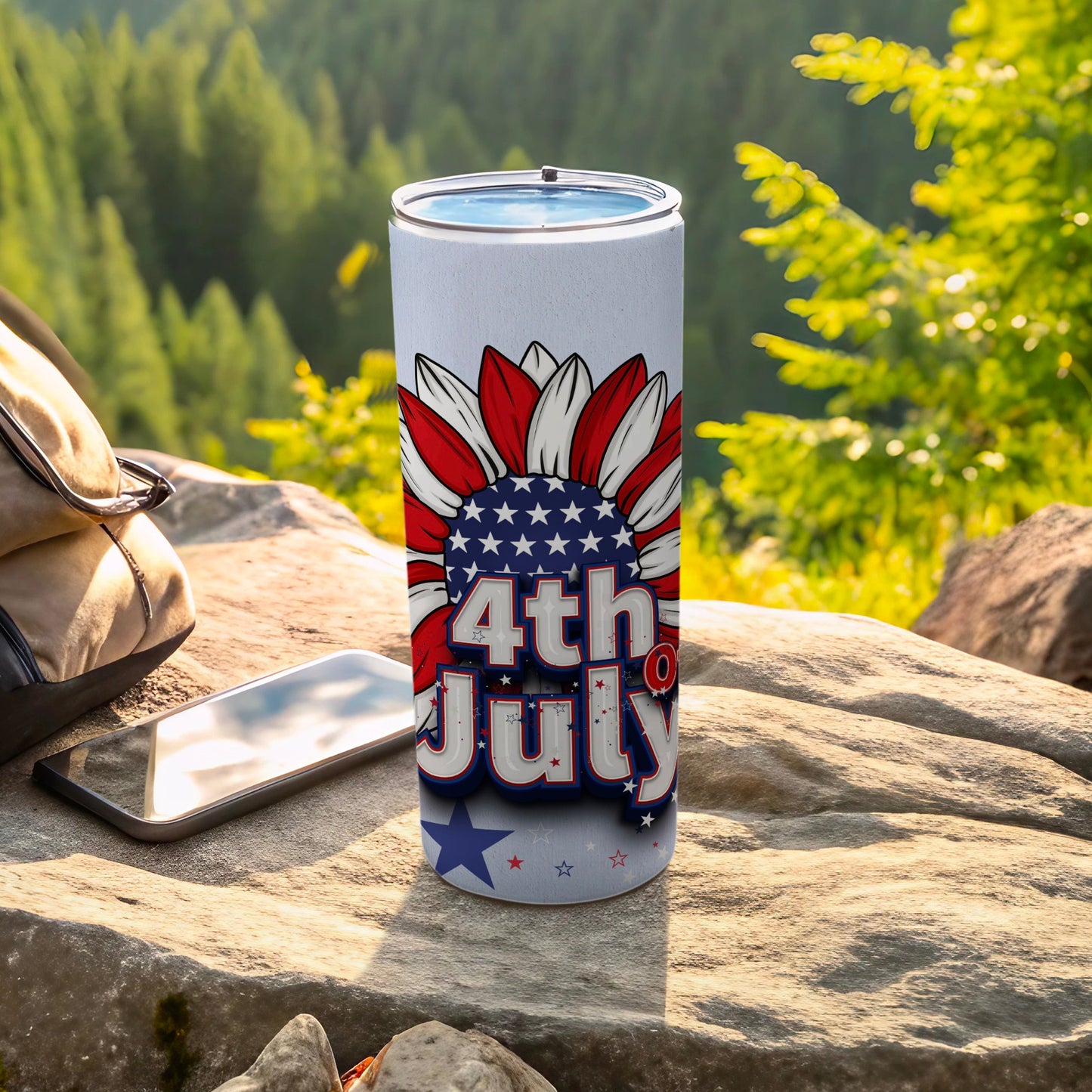 Red, white, and blue sunflower design with "4th of July" text on a tumbler.
