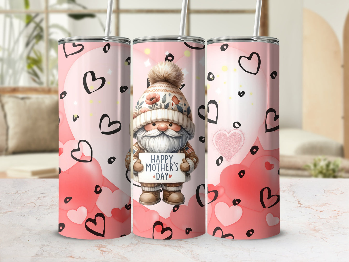 Happy Mother's Day Gnome Heart Design Tumbler Cup