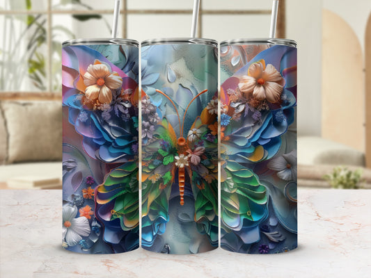 Three tumblers featuring a colorful butterfly design with floral accents.