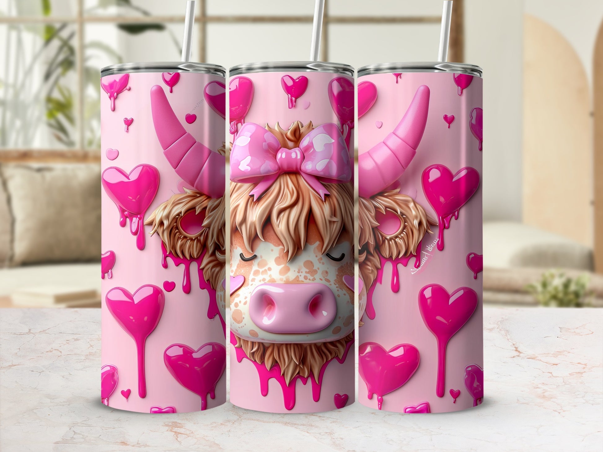 Pink Highland cow face with hearts and bow on a tumbler.
